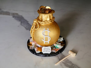 Money sack gold chocolate smash cake